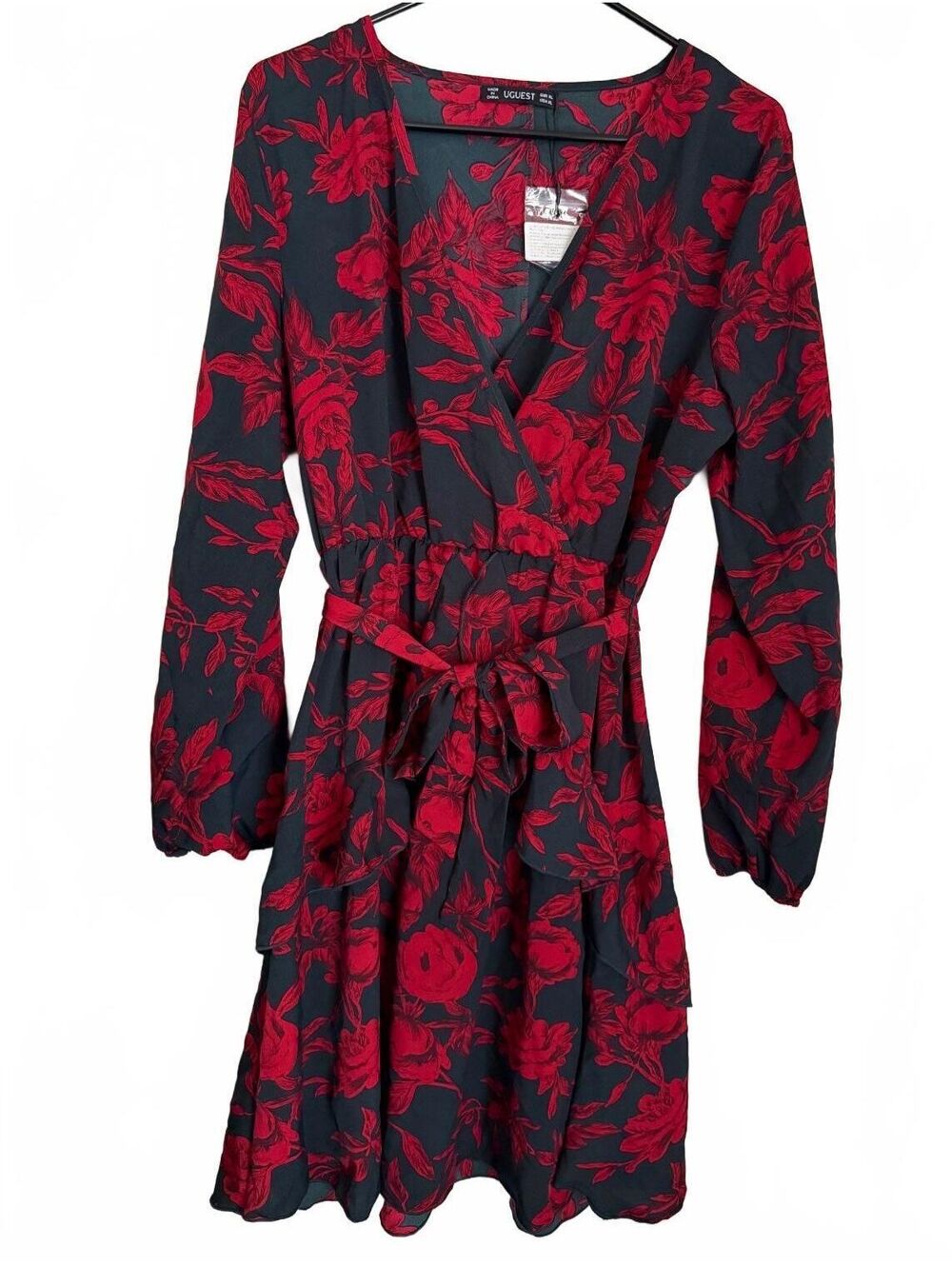 Uguest NEW Dress Size XL Extra Large Red Black Floral Ruffle Cottage Coquette